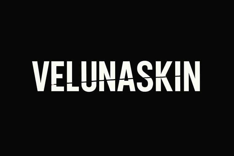 Ecris le NOm de ma marque en blanc VELUNASKIN avec des lettre coupé par exemple le V au millieu les N  au milieu et le S au milieu en blanc sur fond noir